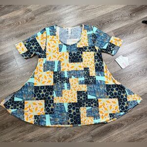 NWT Lularoe Perfect T Yellow Geometric, Black, Blue blocks Sz: S
